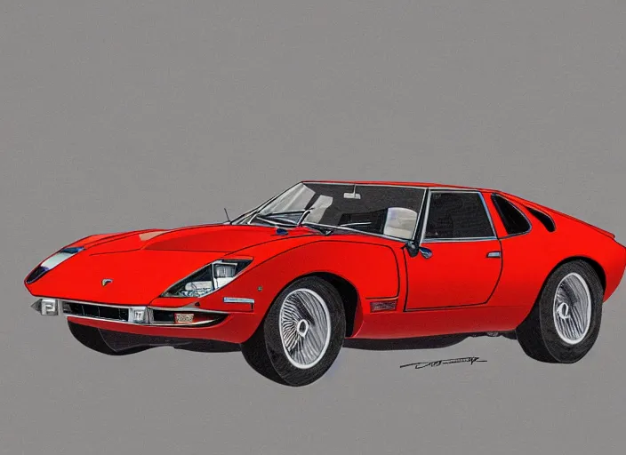 Image similar to a blending, amalgamation and detailed combination of a lamborghini countach, datsun 2 6 0 z and a jaguar e - type, concept art, round headlights, long front end, 8 k, highly detailed, trending on art station, dramatic lighting