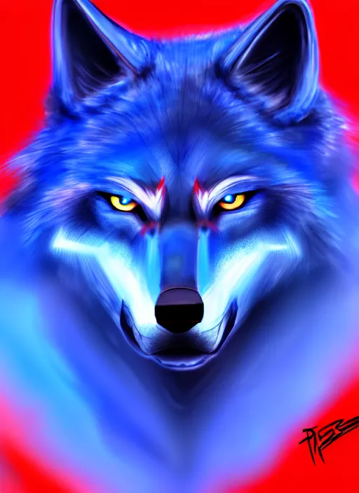 Image similar to blue wolf, red eyes highly detailed, deep focus, digital painting, smooth, sharp focus, anime art style, trending on artstation, 4 k