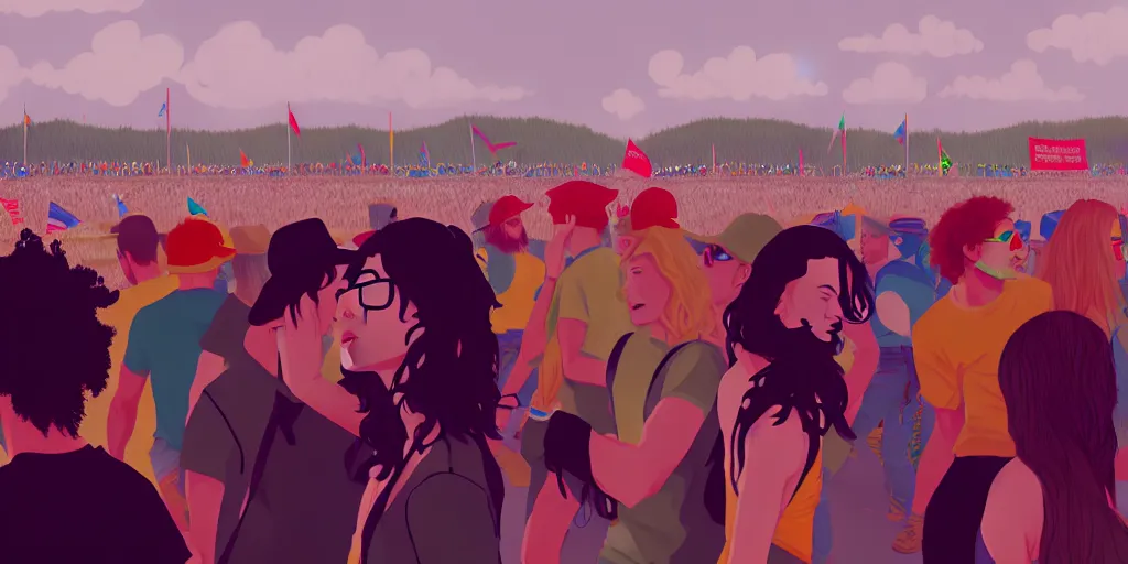 Image similar to Photorealistic people at woodstock 99 by KDA and Sam Yang, trending on artstation