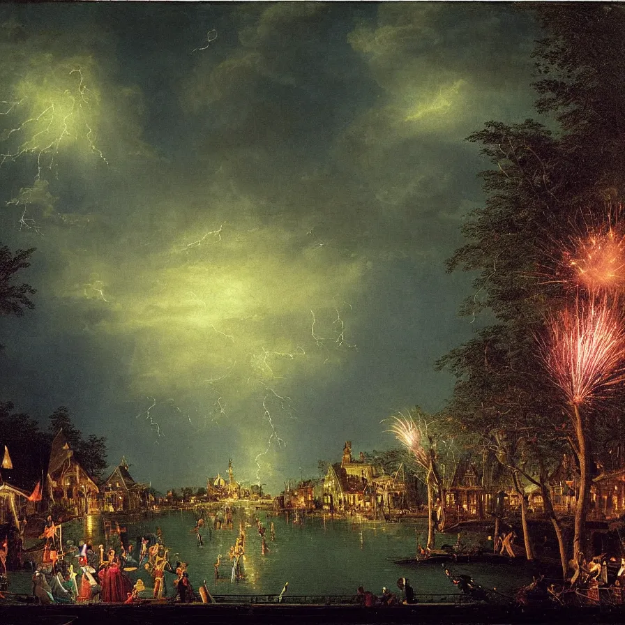 Prompt: a night carnival around a magical in a summer storm, tree cavity with a music scenario with many fireworks and christmas lights, next to a lake with iridiscent lake water, volumetric lightning, folklore people disguised with fantastic creatures in a magical forest by summer night, masterpiece painted by canaletto, scene by dark night environment, refraction lights, five star stories