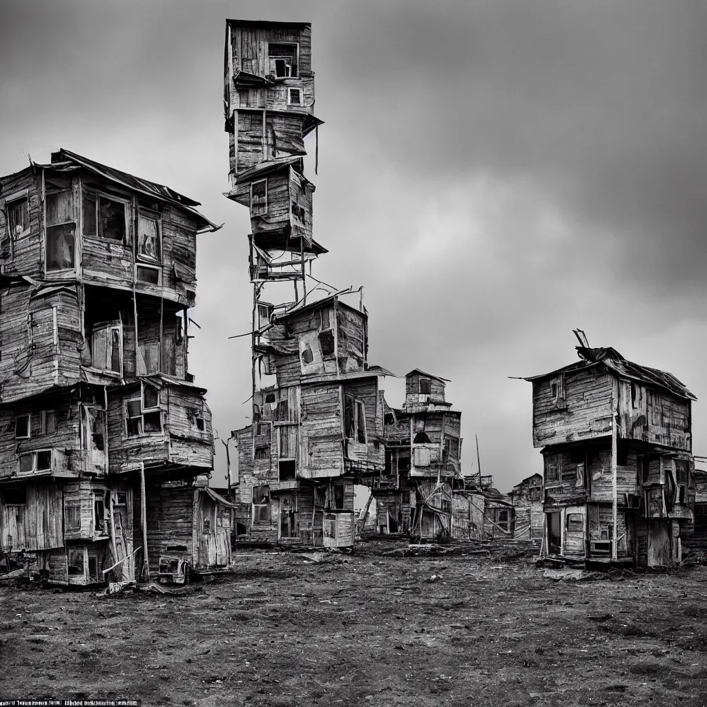 Image similar to high towers, made up of colourful makeshift squatter shacks, bleached, misty, moody sky at the back, dystopia, mamiya, f 1 1, fully frontal view, very detailed, ultra sharp, photographed by roger ballen