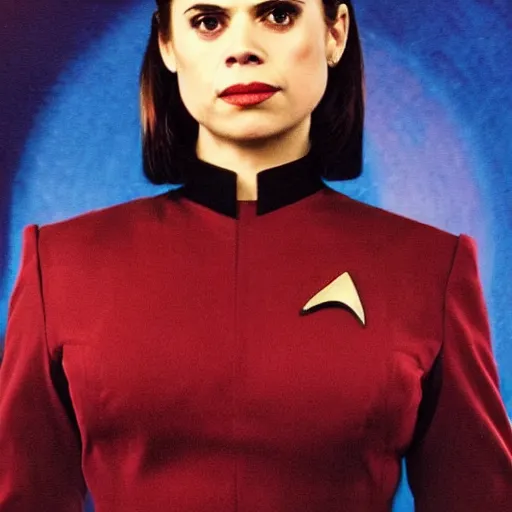 Image similar to a beautiful full body photograph of younger hayley atwell as a star fleet officer from star trek next generation, full dress uniform, symmetrical face, extreme realism and detail, 8 k, completely framed, direct lighting, 3 5 mm photo, photorealistic, sharp focus