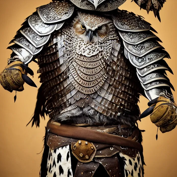 Image similar to photograph of a warrior with meal ornate owl armour. Extremely detailed. 8k