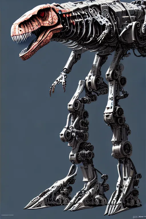 Image similar to trex in a cyborg mech suit, by alexandre ferra, zezhou chen, peter gric, mohamed reda and hr giger, hyper detailed, screen print, character concept art, hyperrealism, coherent, cgsociety, zbrush central, behance hd, hypermaximalist