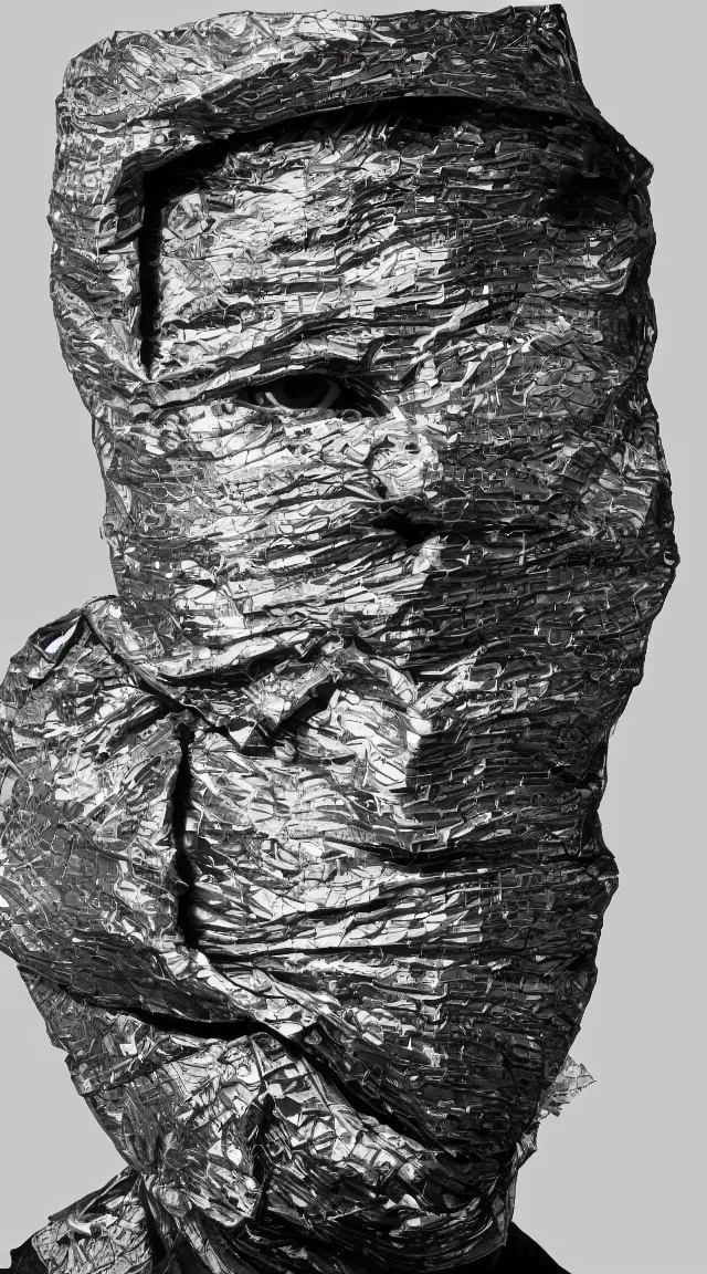 Image similar to a studio portrait of a head completely wrapped in duct tape.