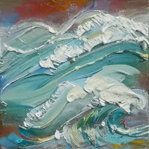 Image similar to oil paint impasto relief, beautiful powerful waves, colours teal white cream grey blue, multi layered thick brush marks, some splattered paint, in the style of ivan shishkin and frank auerbach and rene lalique