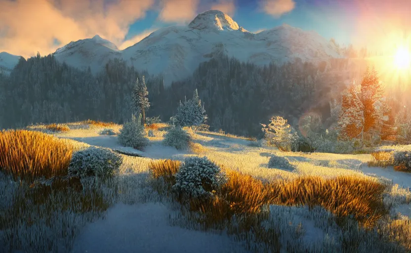 Image similar to mountain landscape in winter!!!, flowers, trees, bright landscape, dreamy light, sunny, floating particles, complementary palette, by and jacek yerga and jesse king, pop surrealist, wiccan, unreal engine, bokeh, detailed