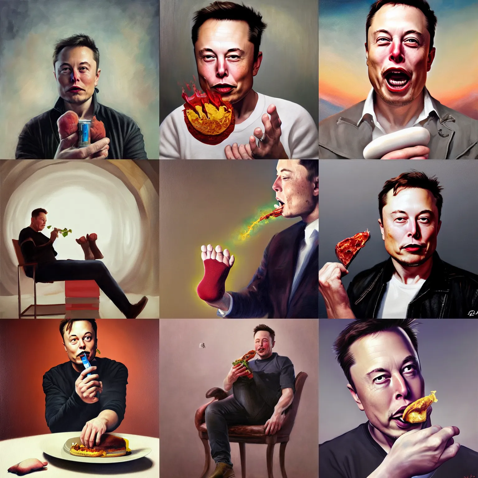 Prompt: elon musk eating his own foot, oil painting, beautiful, high detail, cgsociety