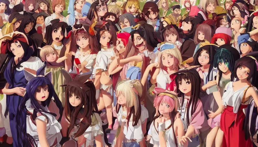 Prompt: jesus christ surrounded by cute anime girls, photorealistic, anime, mini skirt, neko, cat ears, renaissance painting, hyper real, detailed, wide angle shot, ultra detailed