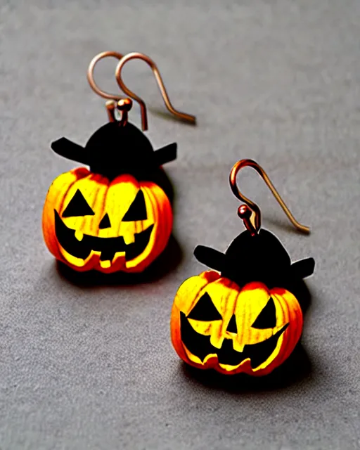 Image similar to spooky cartoon jack'o'lantern, 2 d lasercut earrings, in the style of tim burton