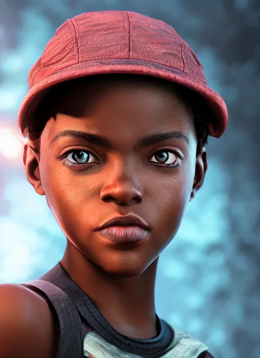 Image similar to An epic fantasy comic book style portrait painting of a young dark skinned girl with short hair dressed as a boy in a cap, unreal 5, DAZ, hyperrealistic, octane render, cosplay, RPG portrait, dynamic lighting