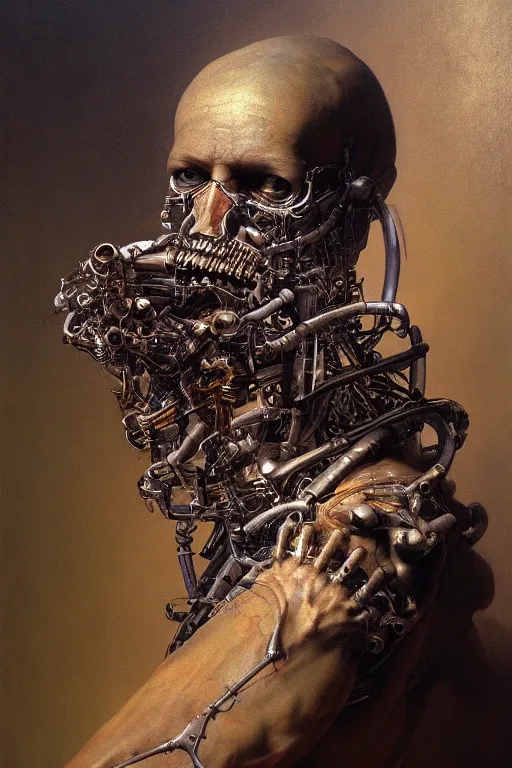 Prompt: beautiful oil clean painting biomechanical portrait of man connected to the machine by wayne barlowe, rembrandt, complex, stunning, realistic skin color, 4 k, high res, awardwinning, masterpiece, realistic lighting