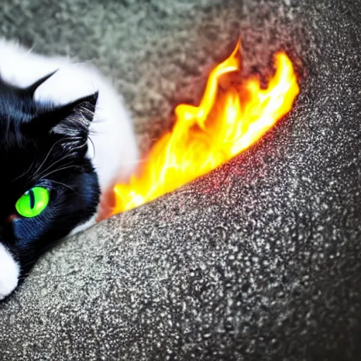 Image similar to white and black cat with green eyes setting planet earth on fire, fisheye lens, paws on top of planet