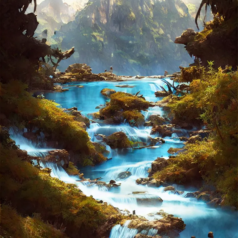 Image similar to Mountain river flows through a fantasy landscape gorge. A big blue lake in the middle of the mountains. Fabulous nature, amazing seascape, highly detailed, digital painting, artstation, concept art, smooth, sharp focus, illustration, art by greg rutkowski and alphonse mucha