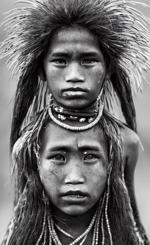 Image similar to Award winning Editorial photo of a Native Kiribati with incredible hair and beautiful hyper-detailed eyes wearing traditional garb with a Bokikokiko by Lee Jeffries, 85mm ND 5, perfect lighting, gelatin silver process