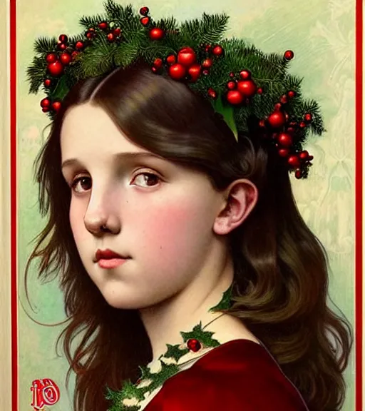 Image similar to realistic art nouveau style detailed portrait of 1 4 - year - old millie bobby brown wearing a holly wreath as a crown at christmas, lit only by candlelight at night by alphonse mucha, william adolphe bouguereau, and donato giancola art nouveau style, dark red and green colors