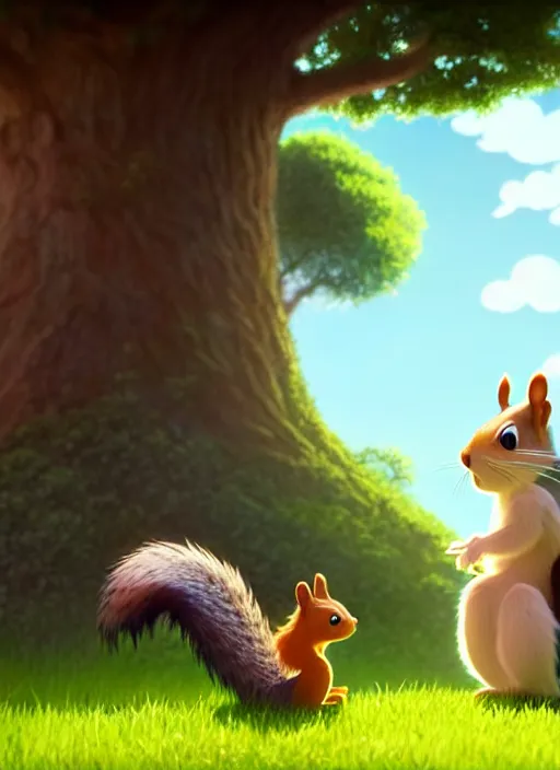 Image similar to a wholesome animation key shot of a squirrel, oak tree in the background, studio ghibli, pixar and disney animation, sharp, rendered in unreal engine 5, anime key art by greg rutkowski, bloom, dramatic lighting