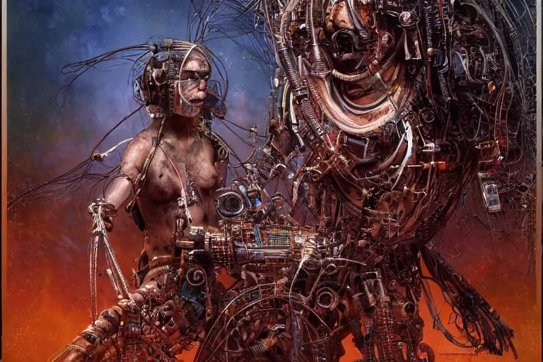 Image similar to a dynamic photo of a post apocalyptic tribal cyborg dj tweaking and playing synthesizers in the most complicated and technical spiral fractal musical studio, powerful, cinematic, beautifully lit, by donato giancola, by artgerm, by karol bak, 3 d, perfect face and body, trending on artstation, octane render, 8 k