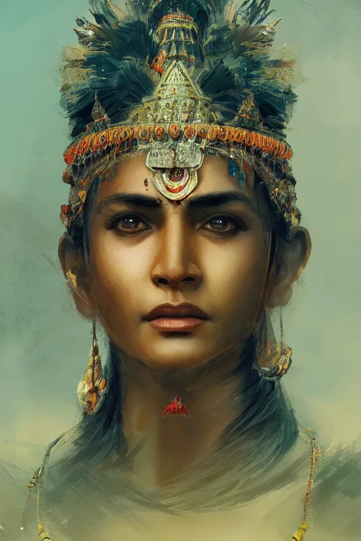 Image similar to indian god, close - up portrait, powerfull, intricate, elegant, volumetric lighting, scenery, digital painting, highly detailed, artstation, sharp focus, illustration, concept art, ruan jia, steve mccurry