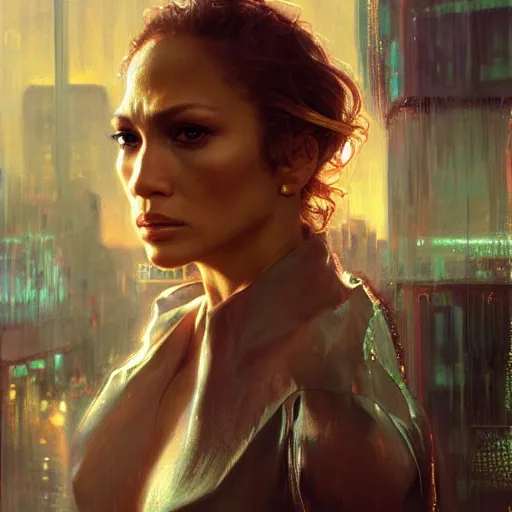 Image similar to jennifer lopez, hyperrealistic portrait, bladerunner street, art of elysium by jeremy mann and alphonse mucha, fantasy art, photo realistic, dynamic lighting, artstation, poster, volumetric lighting, very detailed face, 4 k, award winning