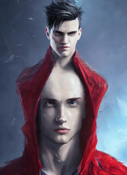 Image similar to An epic fantasy comic book style portrait painting of a young man with black cowlick haircut, wearing black overcoat, red clothes, blue jeans. Unreal 5, DAZ, hyperrealistic, octane render, cosplay, RPG portrait, dynamic lighting