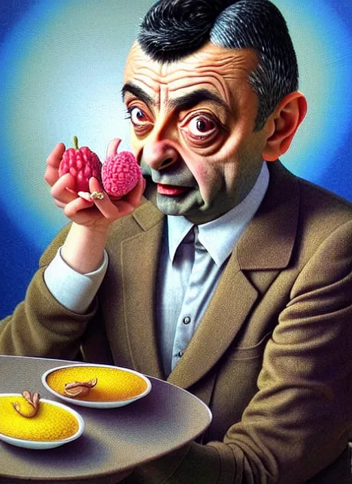 Image similar to hyper detailed 3d render like a Oil painting muted colors - slightly silly portrait of Rowan Atkinson as Mr. Bean in Aurora seen Eating of the Strangling network of yellowcake aerochrome and milky Fruit and Her delicate Hands hold of gossamer polyp blossoms bring iridescent fungal flowers whose spores black the foolish stars by Jacek Yerka, Mariusz Lewandowski, Houdini algorithmic generative render, Abstract brush strokes, Masterpiece, Edward Hopper and James Gilleard, Zdzislaw Beksinski, Nicoletta Ceccoli, Wolfgang Lettl, hints of Yayoi Kasuma, octane render, 8k