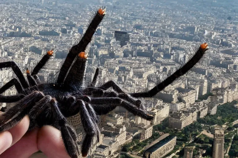 Prompt: film still of a tarantula climbing the eiffel tower in the new godzilla charlotte's web crossover movie