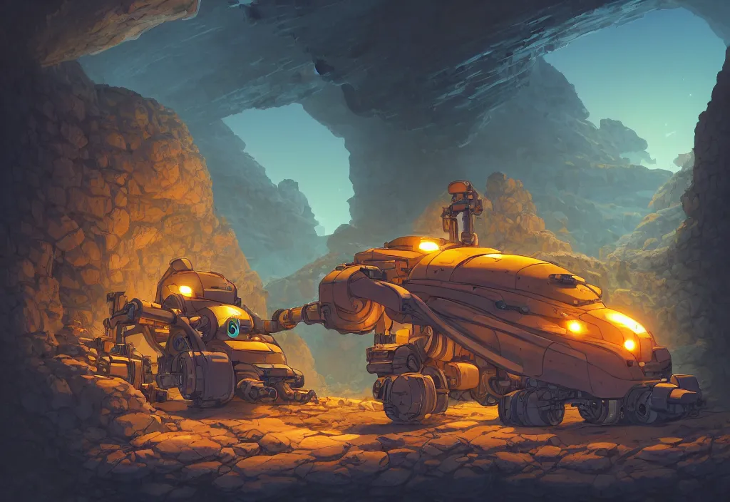 Image similar to chubby futuristic mining cart in a dark cave with piles of rocks in the background, intricate oil painting, high detail illustration, sharp high detail, manga and anime 1 9 9 9, official fanart behance hd artstation by jesper ejsing and makoto shinkai, 4 k,