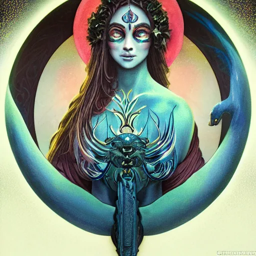 Image similar to portrait painting of a beautiful moon goddess, wearing a dark hooded robe, sacred tattoos on her face, smirking, holding a giant astral scyther, moon colours, glowing reality, ultra realistic, concept art, intricate details, mystical, highly detailed, photorealistic, octane render, 8 k, unreal engine. art by artgerm and greg rutkowski and alphonse mucha