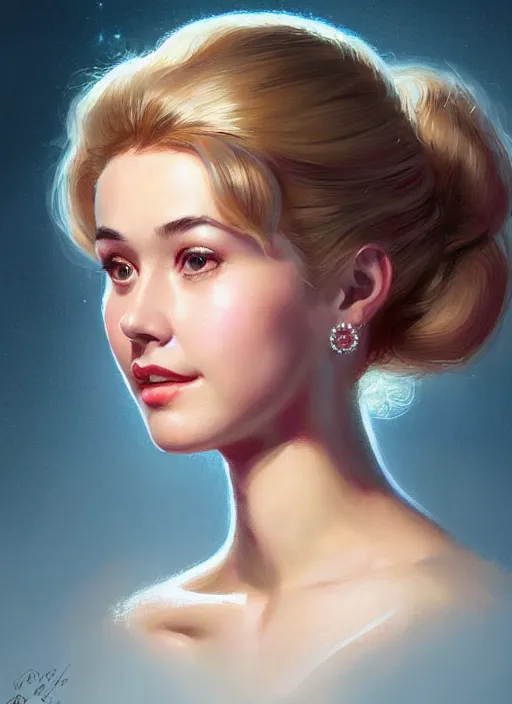 Image similar to portrait of betty cooper with fluffy bangs, bangs, 1 9 6 0 s, ponytail, curly bangs and ponytail, rounder face, intricate, elegant, glowing lights, highly detailed, digital painting, artstation, concept art, smooth, sharp focus, illustration, art by wlop, mars ravelo and greg rutkowski