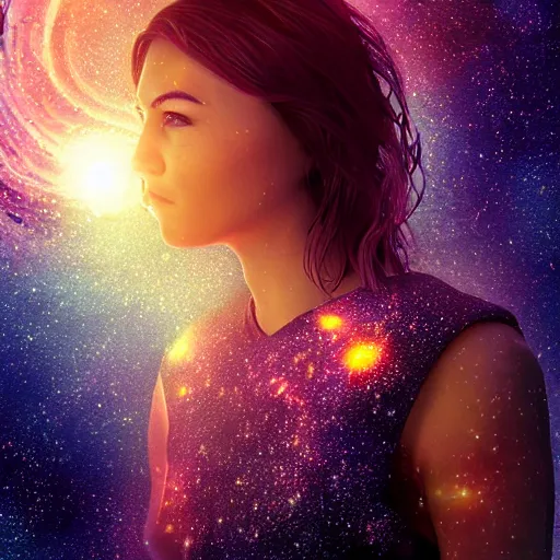 Image similar to woman portrait made out of galaxies floating in space, highly detailed, beautiful, realistic, comic book art, octane render