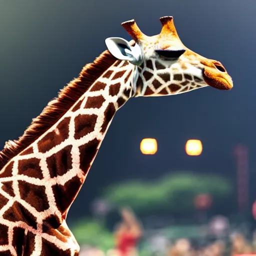 Prompt: a giraffe is standing on a big festival stage, singing, the crowd is cheering, photorealistic