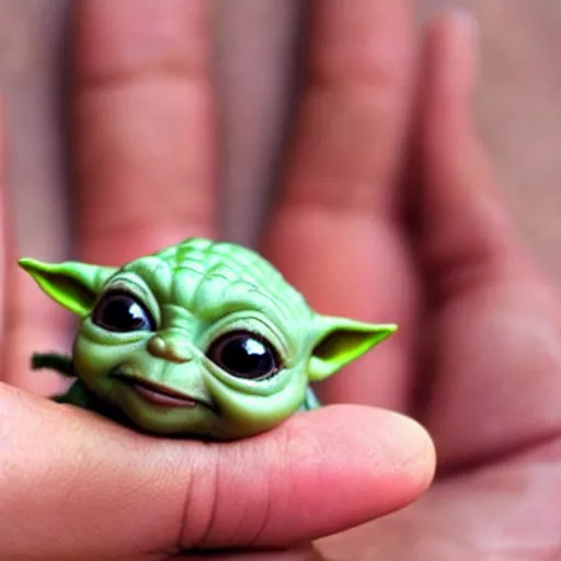 Image similar to a tiny pigmy baby yoda-Shrek hybrid in the palm of a person's hand, super cute