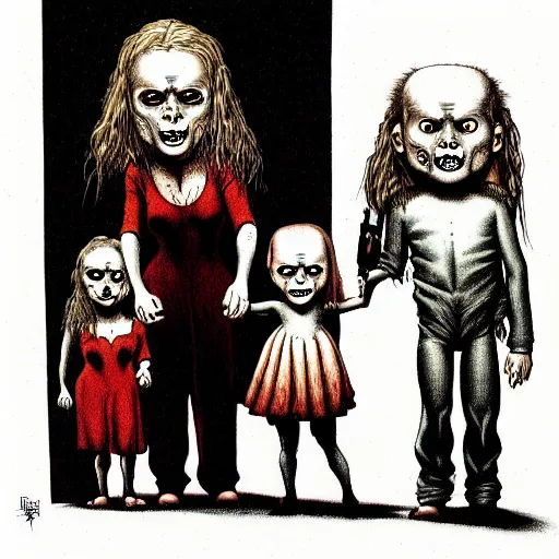 Image similar to psychopath child drawing of a creepy family. by richard corben