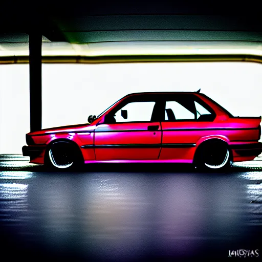 Image similar to a modified bmw e 3 0 with lights on in a futuristic neon parking garage, 3 5 mm photography, car photography, clean lines, realistic