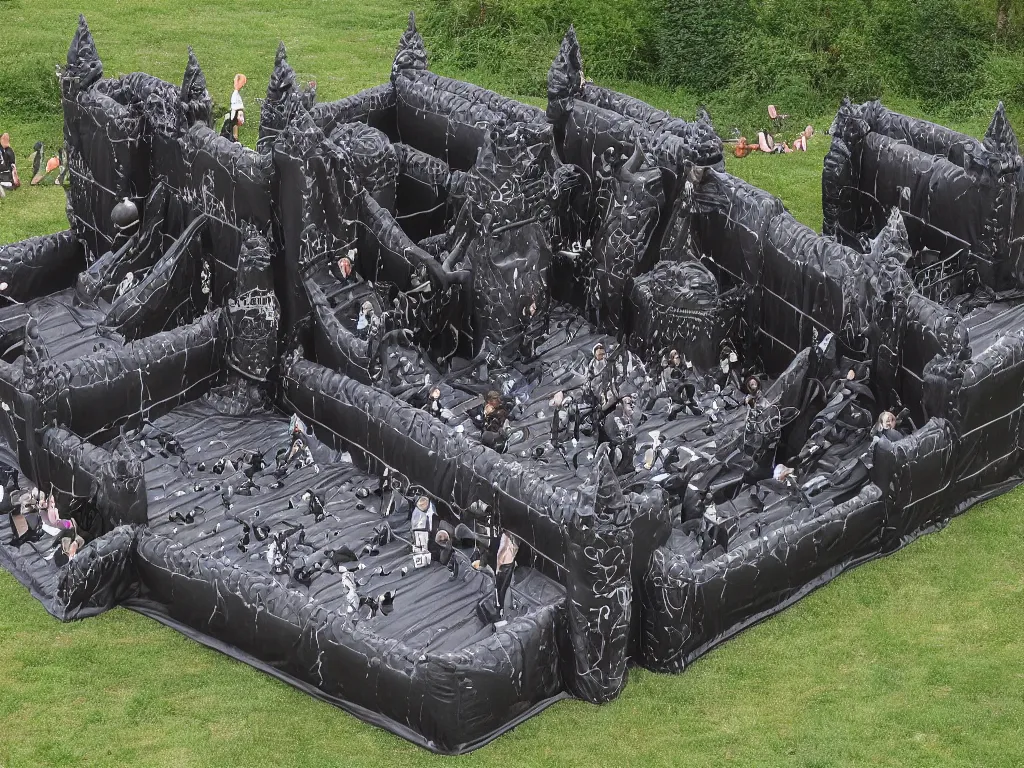 Image similar to huge black death metal bouncy castle, highly detailed photo