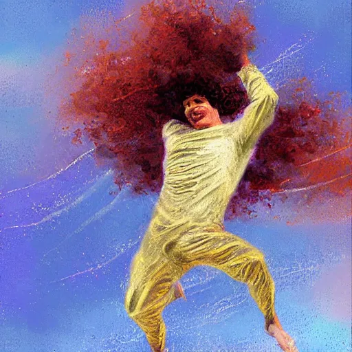 Prompt: egyptian man with curly hair skydiving, centered in frame, pastel colors, dreamy colors, digital painting, oil painting, sharp detail, impressionist painting, vintage, intricate details, dreamy