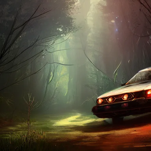 Prompt: car in futuristic spiritual mystical post apocalyptic forest by ron gilbert, dim painterly volumetric aquatic lighting, beautiful, crisp, artstation, highly detailed