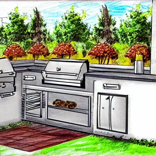 Prompt: new ideas for outdoor kitchen design with grill and pizza oven, designer pencil sketch, HD resolution