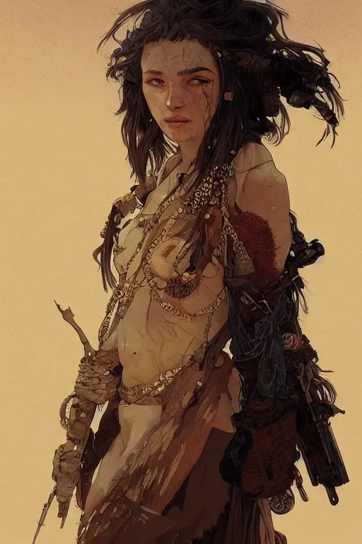 Image similar to a full body portrait of a beautiful post apocalyptic offworld desert bedouin blind barbarian leper by the road, intricate, elegant, highly detailed, digital painting, artstation, concept art, smooth, sharp focus, illustration, art by krenz cushart and artem demura and alphonse mucha