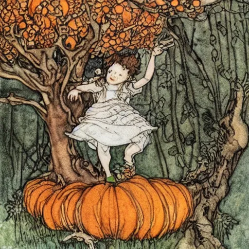 Image similar to a detailed, intricate watercolor and ink illustration with fine lines, of a young girl in a dress climbing a gnarled tree in a pumpkin patch, by arthur rackham and edmund dulac