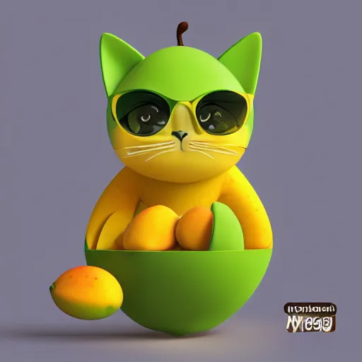 Prompt: multicolor 3 d render of funny cat as mango fruit by blender guru created at modern world in 4 k ultra high resolution, with funny feeling, y 2 k aesthetic, green background, detailed by pokedstudio