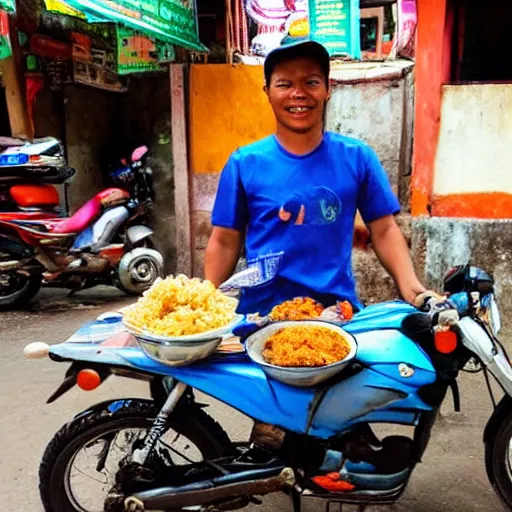 Prompt: “ selling fried chicken and sticky rice from a motorbike in thailand. ”