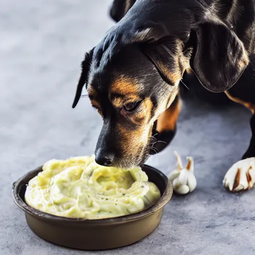 Image similar to a dog in the form of garlic drinks mayonnaise from a metal bowl