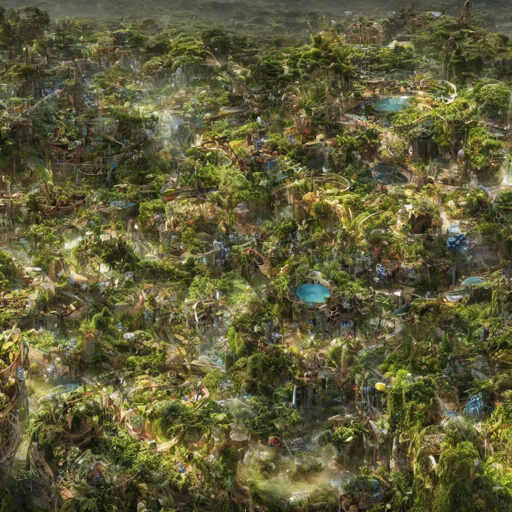 Image similar to solarpunk eco - city utopia, enchanted world, ancient nile winding river valley deep valley taken from 3 0 metres high, otherworldly, botanical garden, waterscape, overgrowing floral lush, glistening in the morning light, 8 k, cinematic shot, weta workshop, hyper realistic, cinematography by john boorman