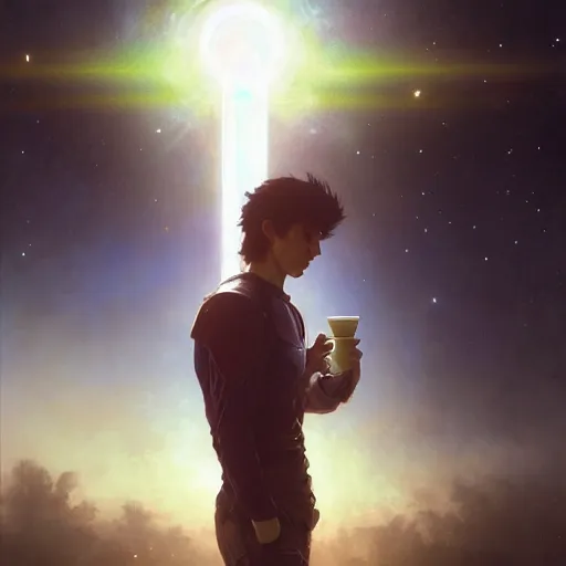 Image similar to A man drinking a cup of cosmic energy bright light, illustration by Ruan Jia and Mandy Jurgens and William-Adolphe Bouguereau, Artgerm, 4k, digital art, surreal, anime style, space dandy style, highly detailed, godsend, artstation, digital painting, concept art, smooth, sharp focus, illustration by Ruan Jia and Mandy Jurgens and William-Adolphe Bouguereau, Artgerm