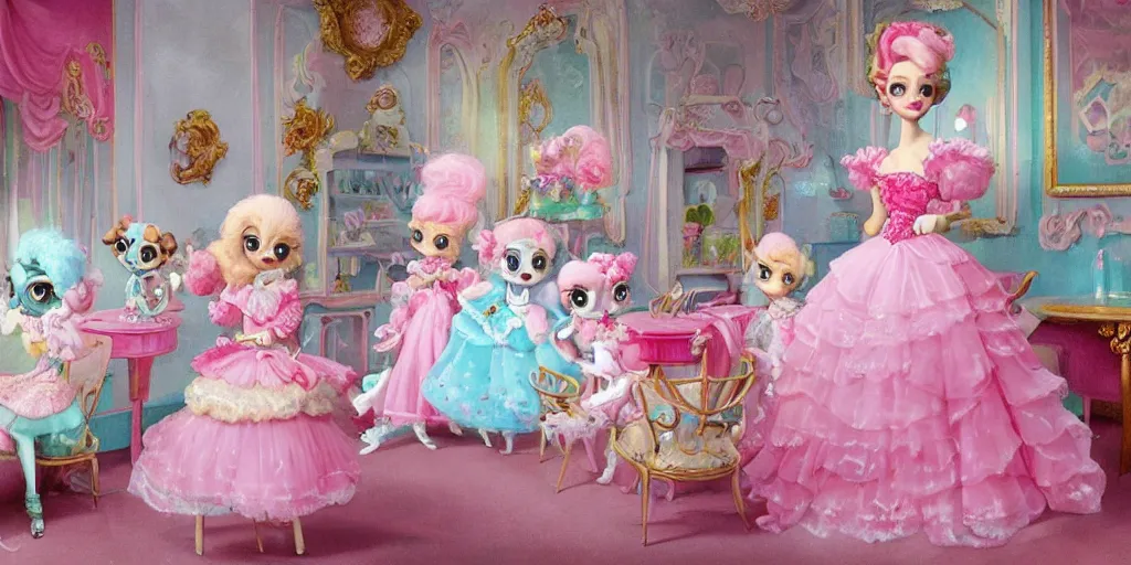 Image similar to 3 d littlest pet shop poodle with fur made of ice cream, dressed in a pink, white, and teal ballgown, in an ice cream parlor, master painter and art style of noel coypel, art of emile eisman - semenowsky, art of edouard bisson