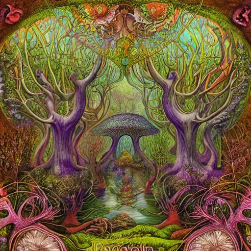 Image similar to psychedelic fantasy forest with glowing mushrooms and eerie trees in the style of Ernst Haeckel and Daniel Merriam, perfect award winning album art