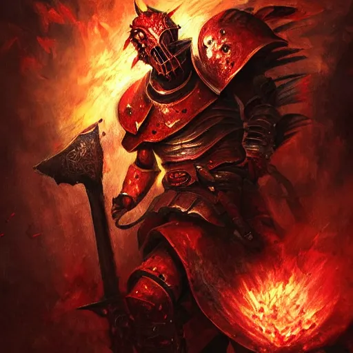 Image similar to champion of khorne in heavy armor holding a flaming sword, artstation hall of fame gallery, editors choice, #1 digital painting of all time, most beautiful image ever created, emotionally evocative, greatest art ever made, lifetime achievement magnum opus masterpiece, the most amazing breathtaking image with the deepest message ever painted, a thing of beauty beyond imagination or words