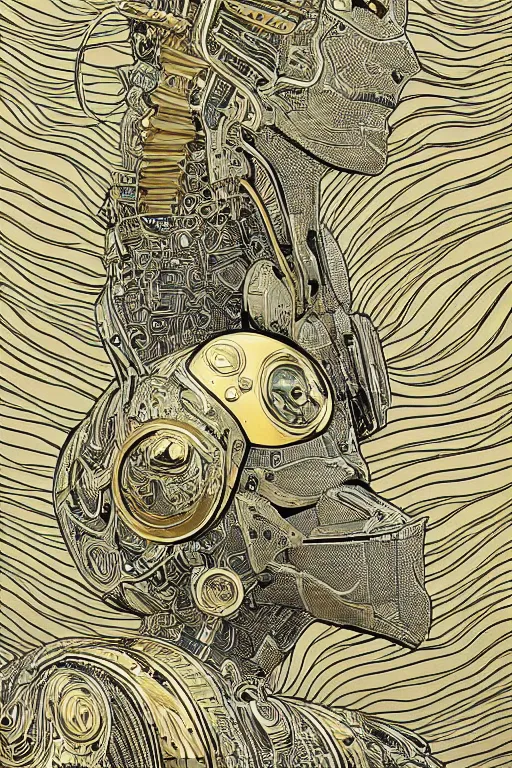 Image similar to gold and silver tones, cybernetic war, style of moebius, james jean, mcbess, cinematic, highly detailed, award winning, 8 k photorealistic